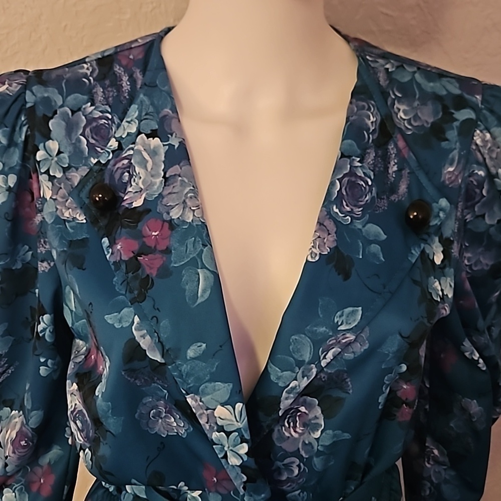 VTG 1980s TABBY Teal Floral Surplice Belt Waist Peplum Castlecore Blouse - Picture 5 of 8